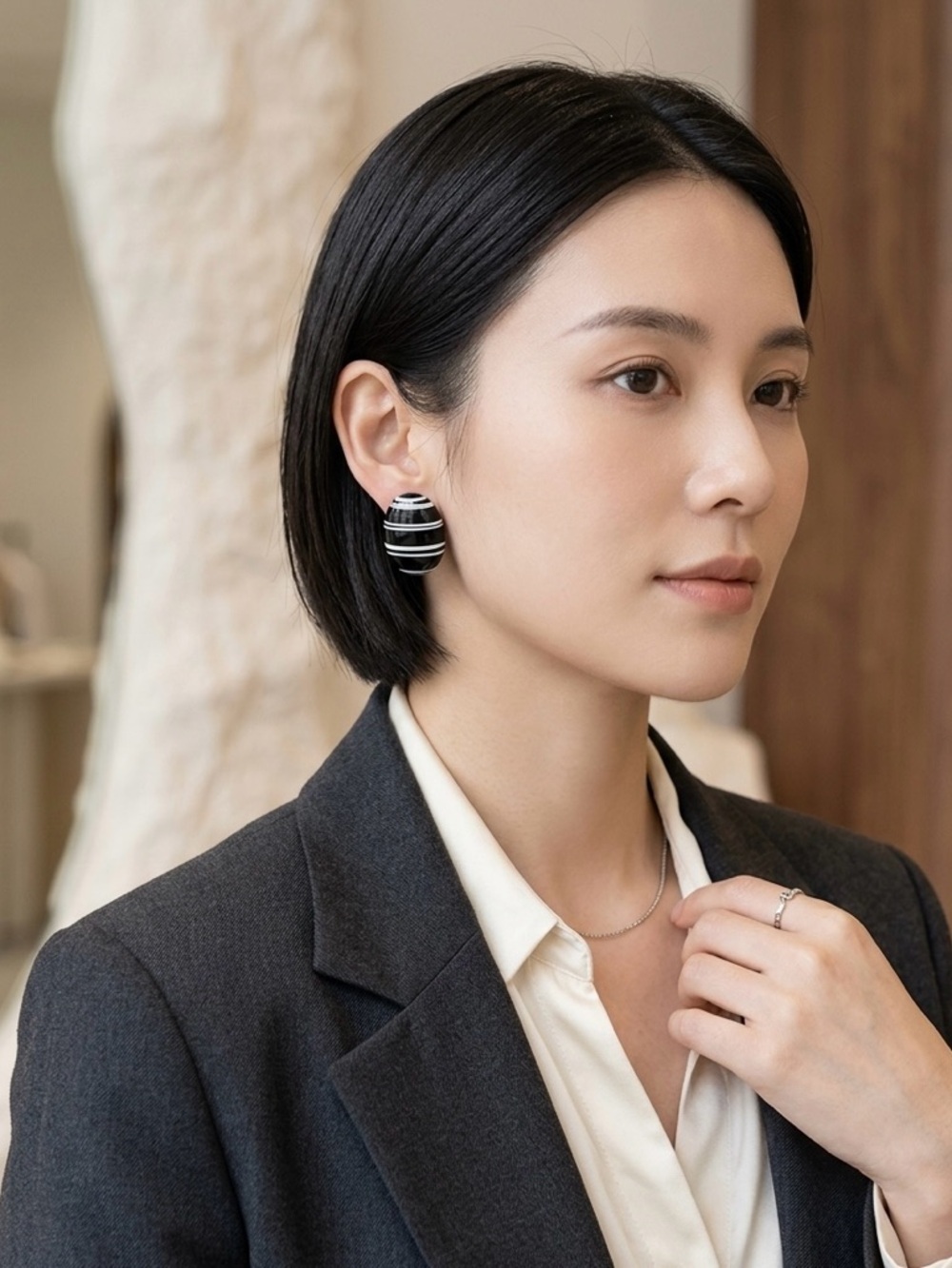 Monies Vintage  White Striped Statement Oval Dome Earrings